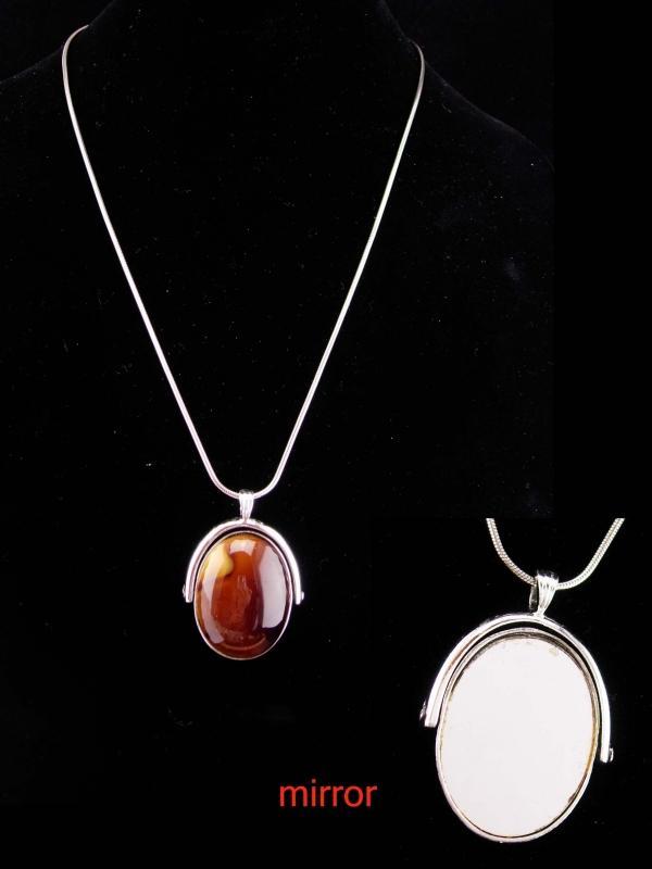 Flip Mirror necklace / agate cabochon / 2 sided compact / vintage pendant / brown agate / 24