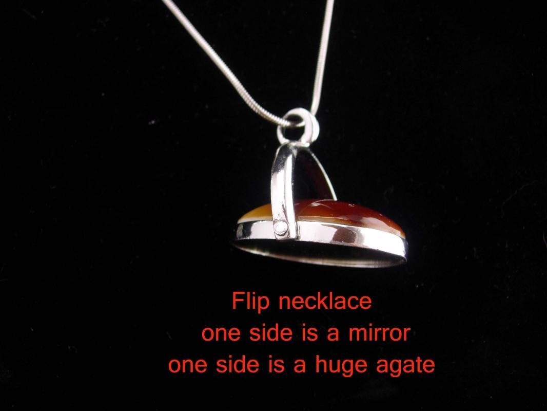 Flip Mirror necklace / agate cabochon / 2 sided compact / vintage pendant / brown agate / 24