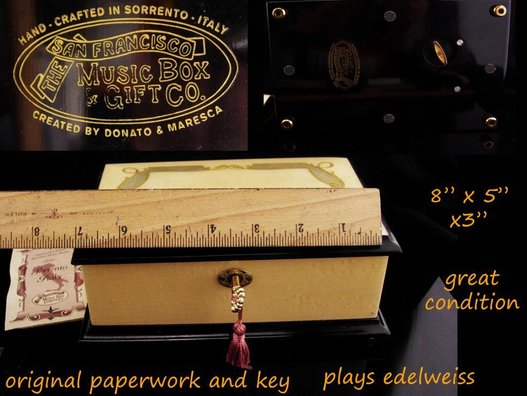 San Francisco Music Box Sorrento Italy / Edelweiss/ Donato Maresca / vintage Marquetry wood / anniversary gift / original key jewelry box