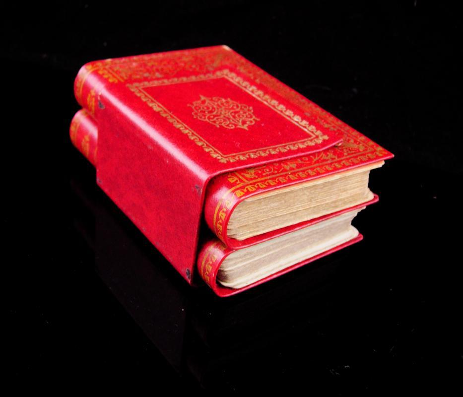 Vintage Miniature Book / playing card case / red leather book / gilded book / victorian gift / Canasta gift / card player gift