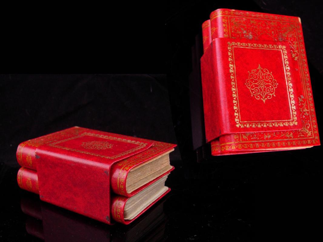 Vintage Miniature Book / playing card case / red leather book / gilded book / victorian gift / Canasta gift / card player gift