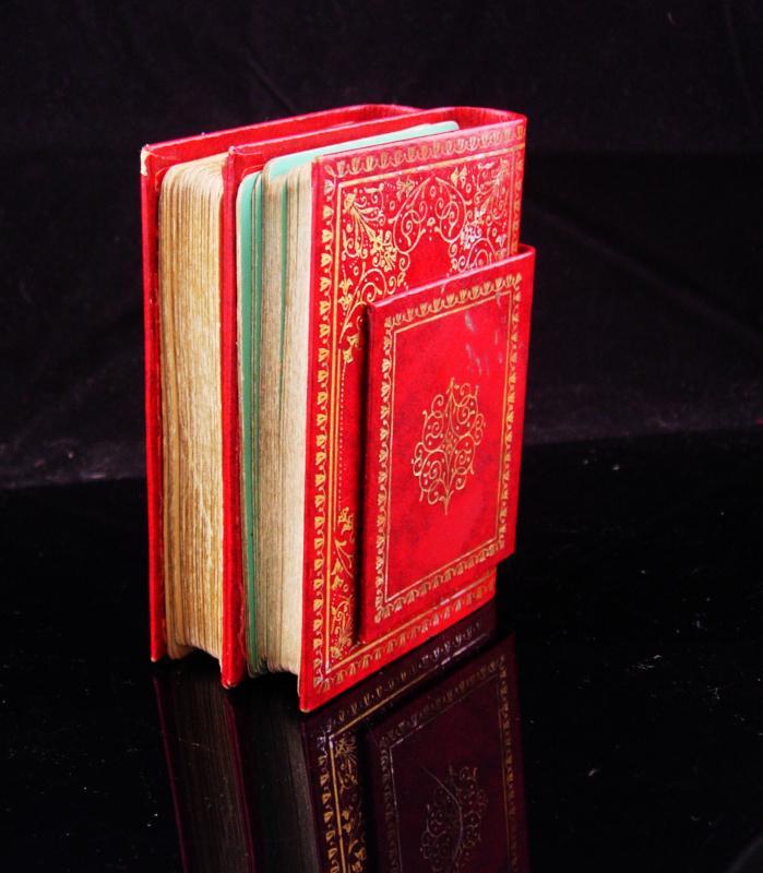 Vintage Miniature Book / playing card case / red leather book / gilded book / victorian gift / Canasta gift / card player gift