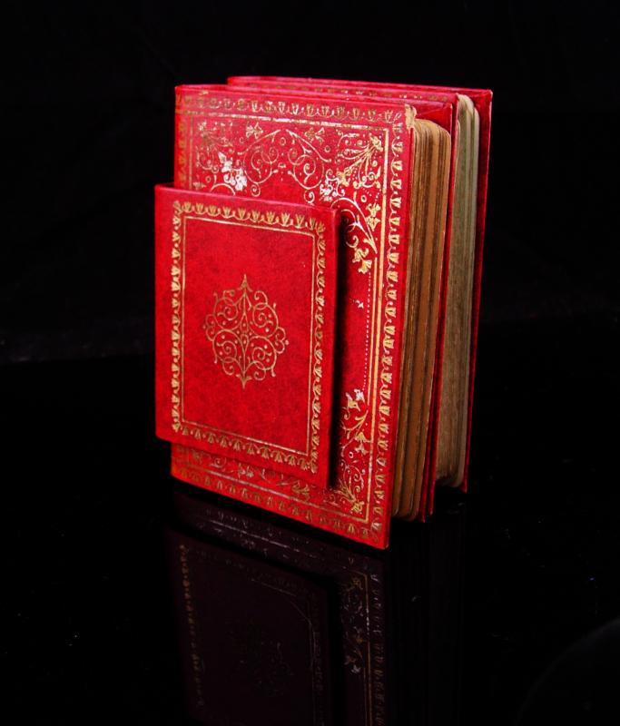 Vintage Miniature Book / playing card case / red leather book / gilded book / victorian gift / Canasta gift / card player gift