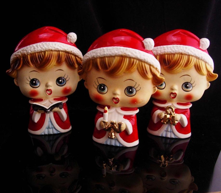 1950's Japan Christmas figurines / set of three / Tilso Choir boys / santa helper statues / mantle figurines / original tags