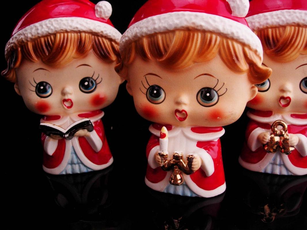 1950's Japan Christmas figurines / set of three / Tilso Choir boys / santa helper statues / mantle figurines / original tags
