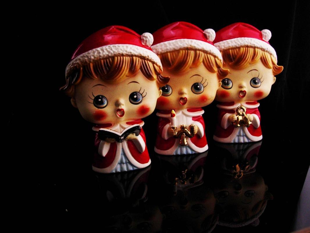1950's Japan Christmas figurines / set of three / Tilso Choir boys / santa helper statues / mantle figurines / original tags