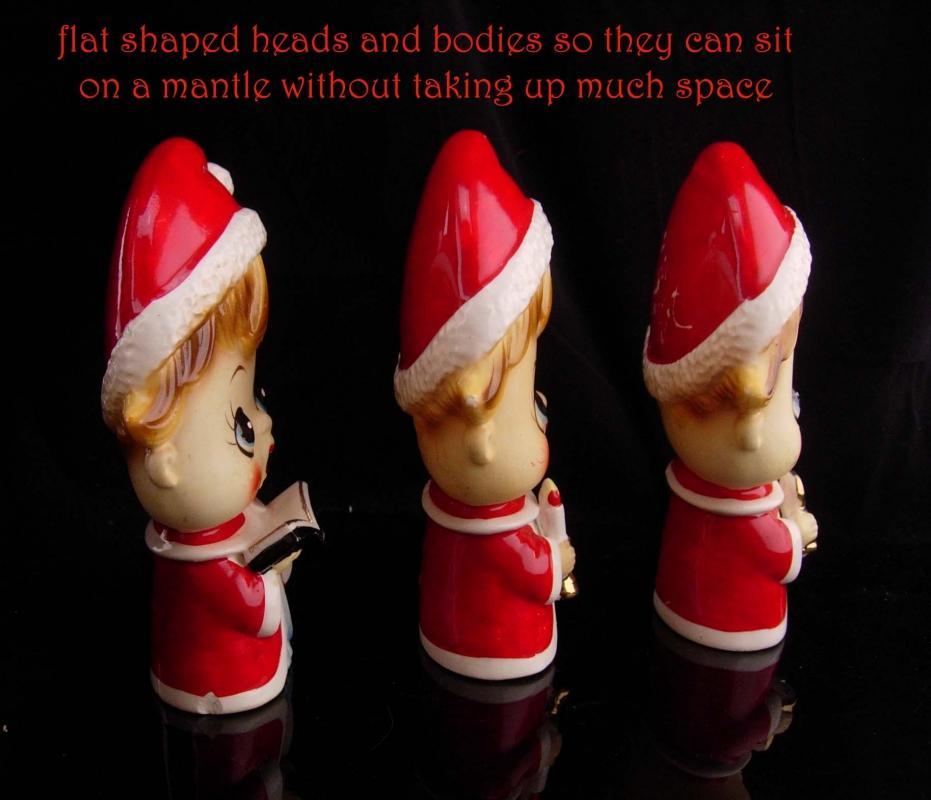 1950's Japan Christmas figurines / set of three / Tilso Choir boys / santa helper statues / mantle figurines / original tags