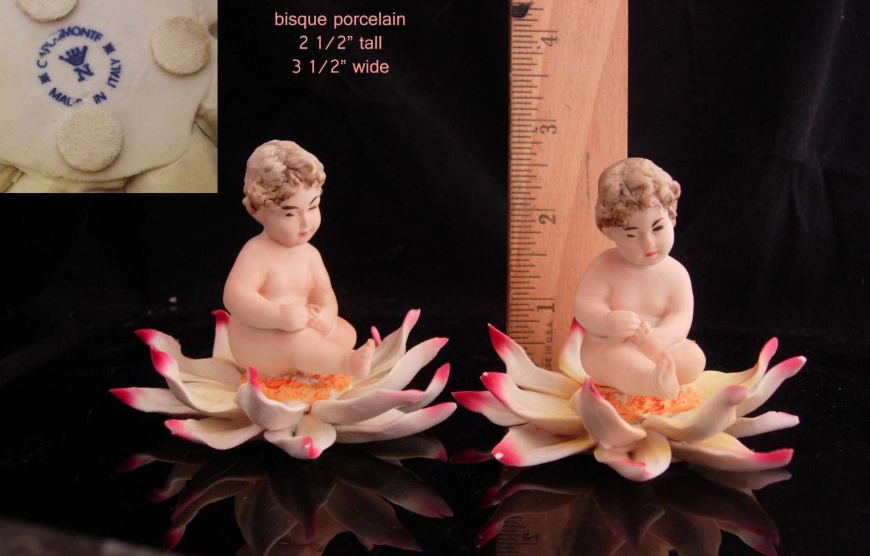 2 Antique Cherubs / bisque Capodimonte baby / Porcelain baby gift / Vintage Italian lily flower figurine / n cworn mark / garden babies