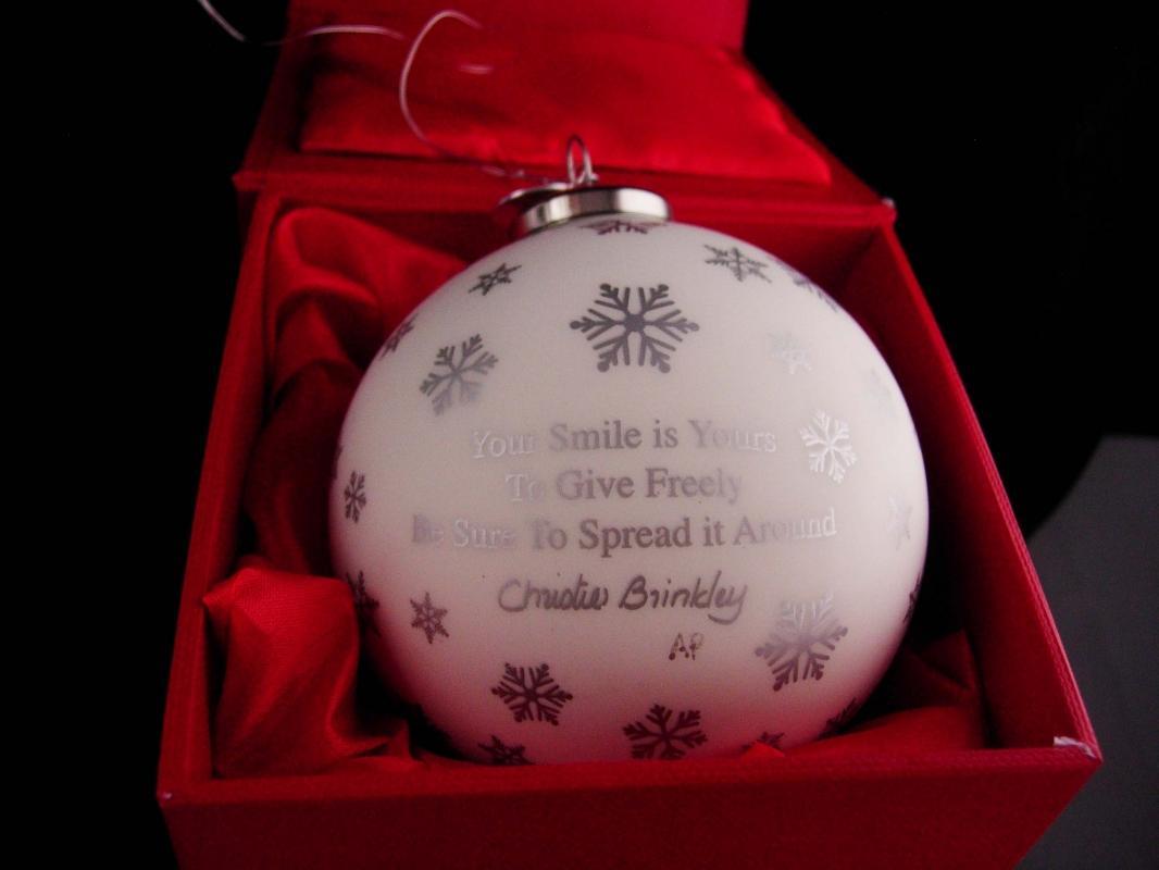 Vintage Christie Brinkley ornament / initial CB / original box / designer SMILE ornament