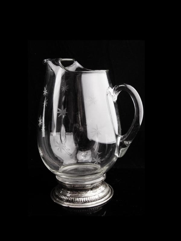 Antique sterling water pitcher / seamed etched pressed glass / vintage starburst pattern / Atomic snowflakes / water pitcher /crown sterling