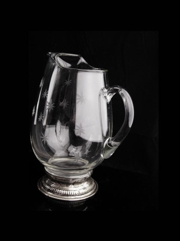 Antique sterling water pitcher / seamed etched pressed glass / vintage starburst pattern / Atomic snowflakes / water pitcher /crown sterling