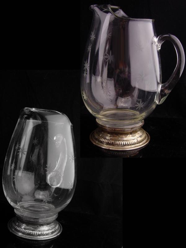 Antique sterling water pitcher / seamed etched pressed glass / vintage starburst pattern / Atomic snowflakes / water pitcher /crown sterling