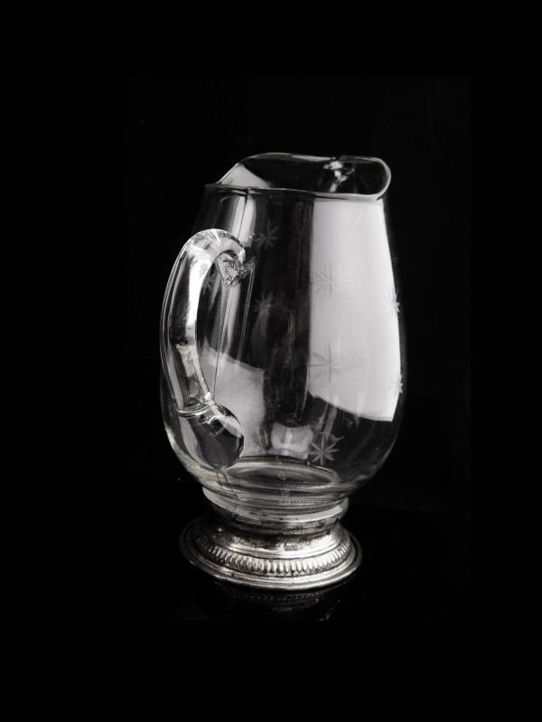 Antique sterling water pitcher / seamed etched pressed glass / vintage starburst pattern / Atomic snowflakes / water pitcher /crown sterling