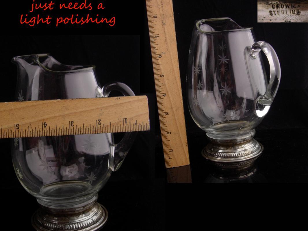 Antique sterling water pitcher / seamed etched pressed glass / vintage starburst pattern / Atomic snowflakes / water pitcher /crown sterling
