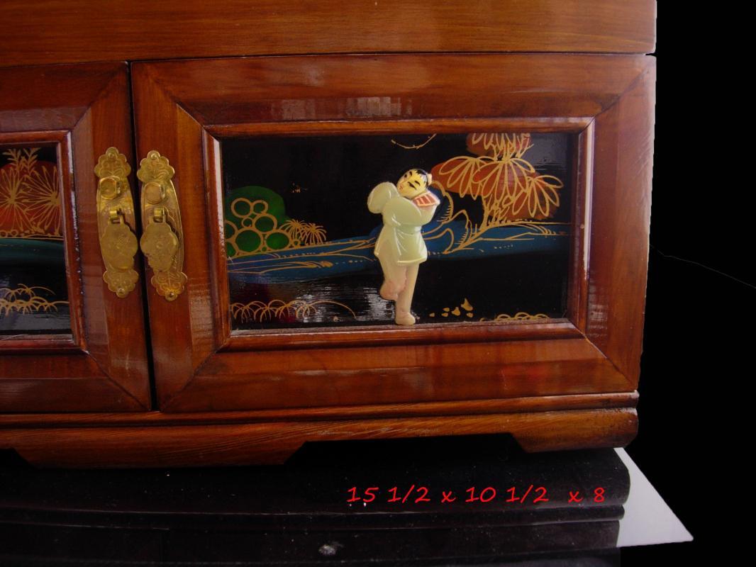 Large Asian Jewelry Box / chinese lacquer / vintage oriental box / wood jewelry chest / geisha top / figural box / anniversary gift for her