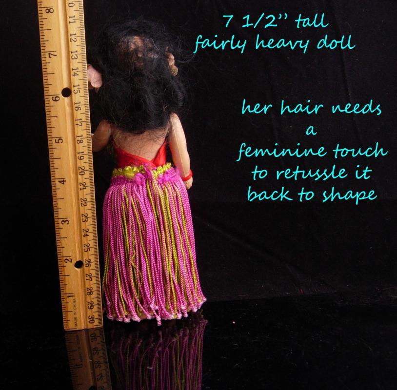 Vintage Hawaiian doll / hula girl / Polynesian costume / jointed bisque and composition / Hawaii lei / hula skirt / retro gift / with stand