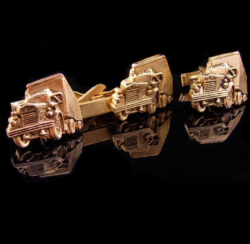 Vintage Semi truck cufflinks / white motor company / Tractor Trailer tie clip / Vintage gold Truckers gift / fathers day gift