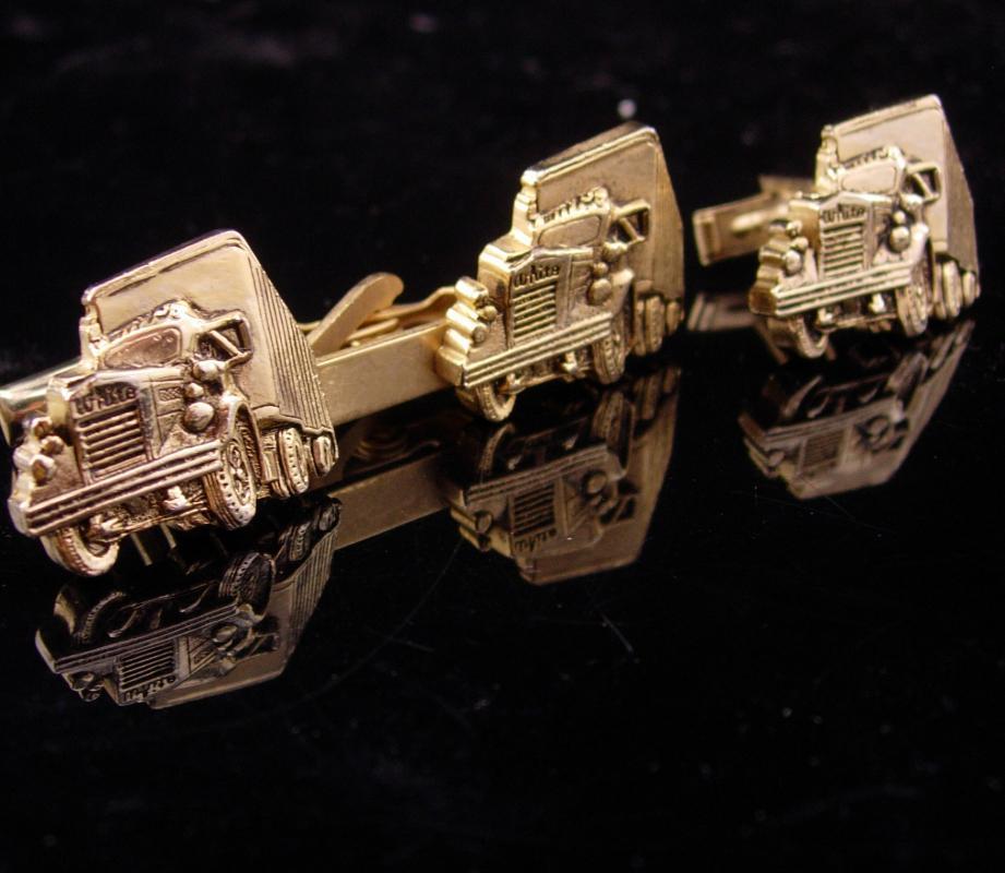 Vintage Semi truck cufflinks / white motor company / Tractor Trailer tie clip / Vintage gold Truckers gift / fathers day gift