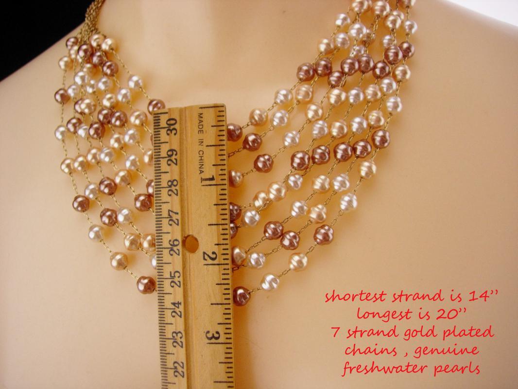 7 strand genuine pearl necklace / statement necklace / vintage Pearl bib / designer jewelry / wedding choker / freshwater pearls