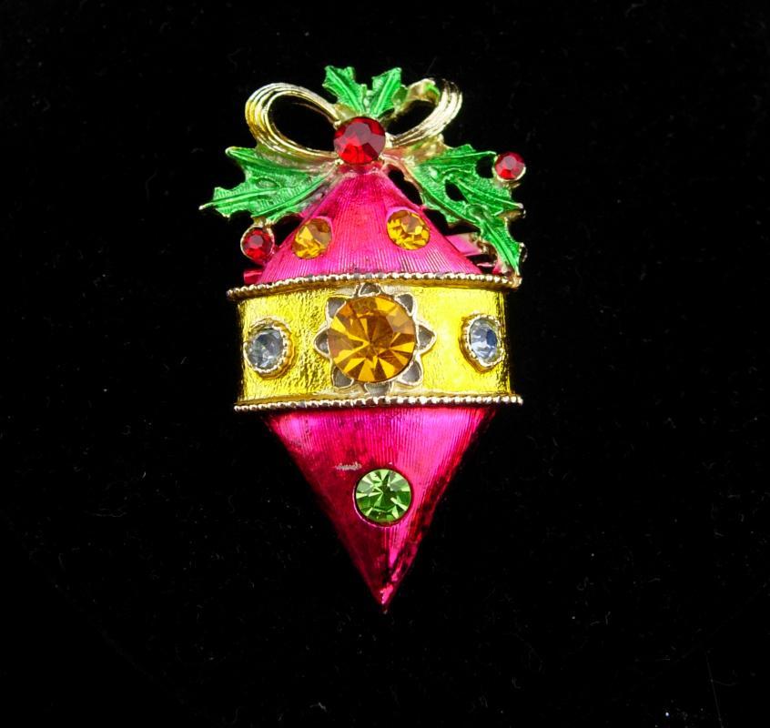 Vintage PINK ornament brooch / Vintage rhinestone pin / Christmas lapel pin / gift for her / december birthday / ornament collector gift