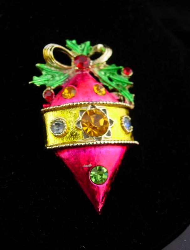 Vintage PINK ornament brooch / Vintage rhinestone pin / Christmas lapel pin / gift for her / december birthday / ornament collector gift