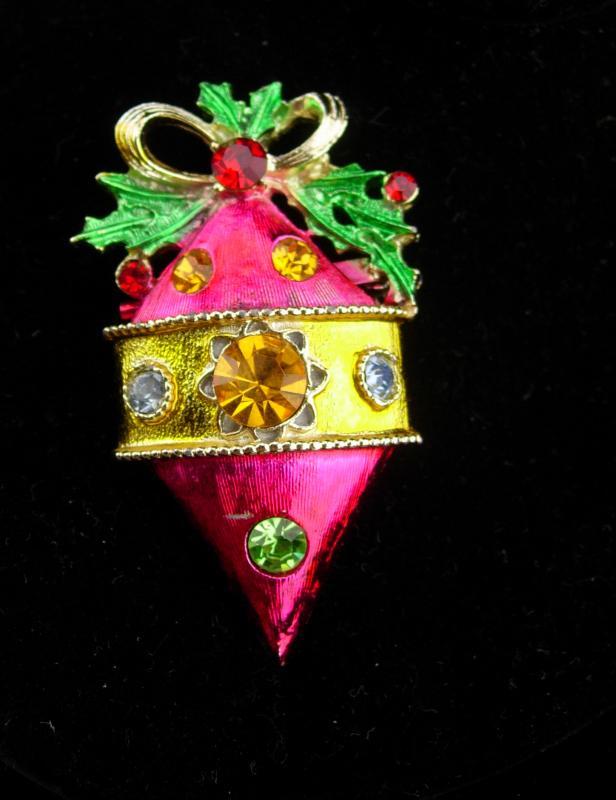 Vintage PINK ornament brooch / Vintage rhinestone pin / Christmas lapel pin / gift for her / december birthday / ornament collector gift