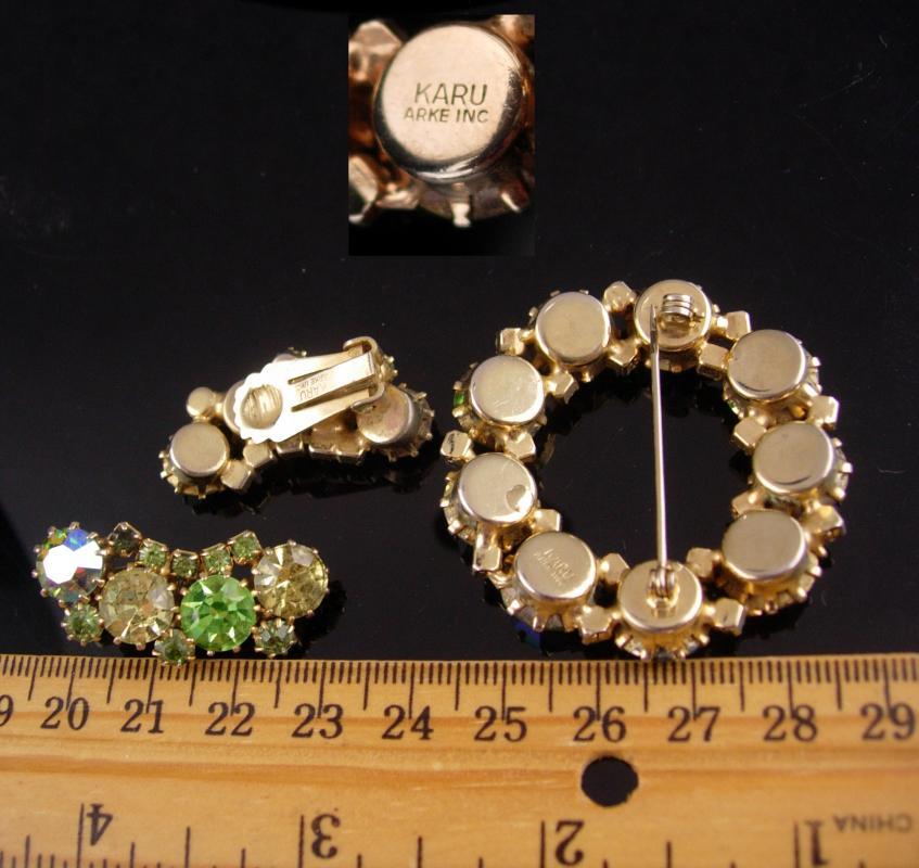 Karu Rhinestone set / green peridot aurora borealis Brooch / vintage clip on earrings / wedding jewelry / mother of bride gift / irish gift