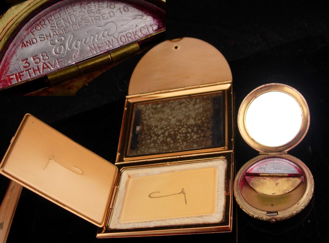 Vintage Art Deco Compact lot / Two compacts / elgina round compact / Coty envelope shape hinged compact / 25 cent refills