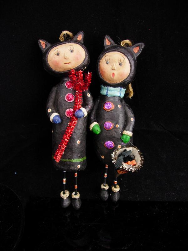 Devil and Angel Christmas Ornaments / Whimsical folk art dolls / halloween set / lump of coal / red pitchfork / Cat dolls /stocking stuffer