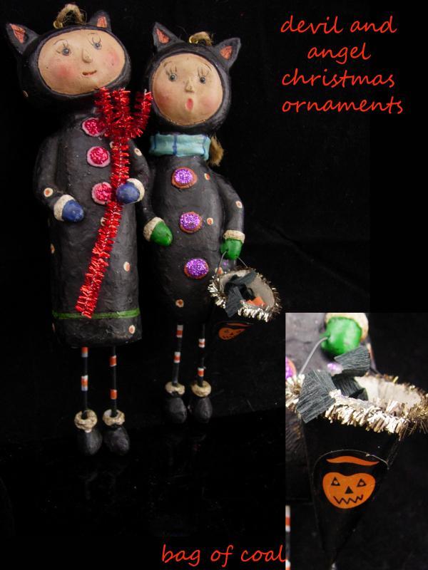 Devil and Angel Christmas Ornaments / Whimsical folk art dolls / halloween set / lump of coal / red pitchfork / Cat dolls /stocking stuffer