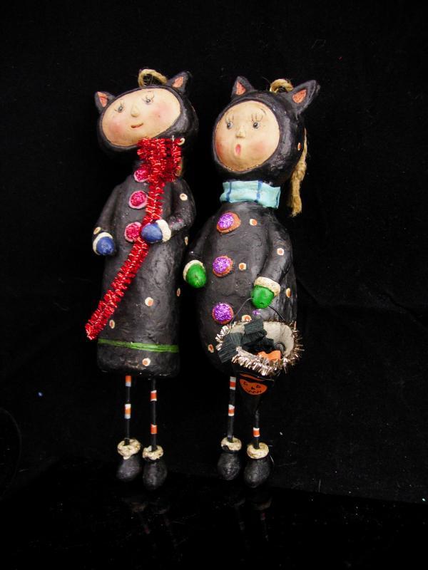 Devil and Angel Christmas Ornaments / Whimsical folk art dolls / halloween set / lump of coal / red pitchfork / Cat dolls /stocking stuffer