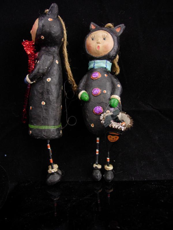 Devil and Angel Christmas Ornaments / Whimsical folk art dolls / halloween set / lump of coal / red pitchfork / Cat dolls /stocking stuffer