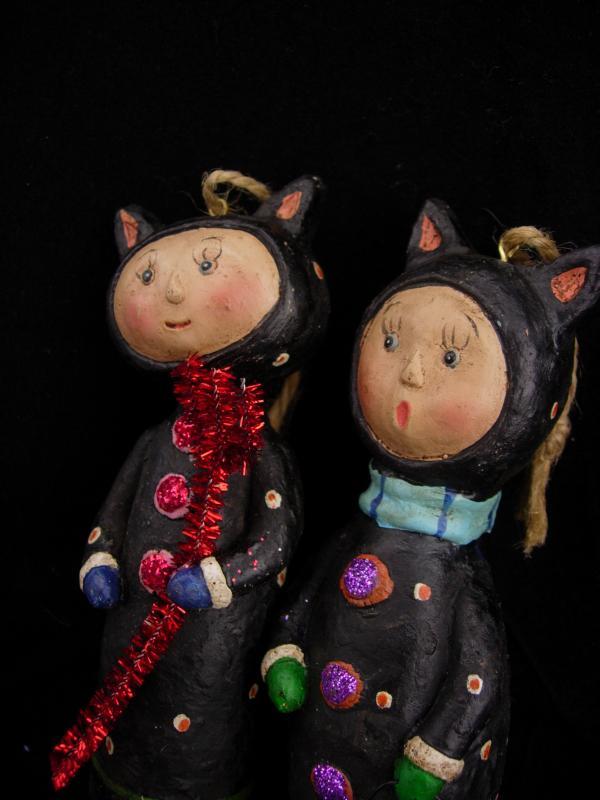 Devil and Angel Christmas Ornaments / Whimsical folk art dolls / halloween set / lump of coal / red pitchfork / Cat dolls /stocking stuffer