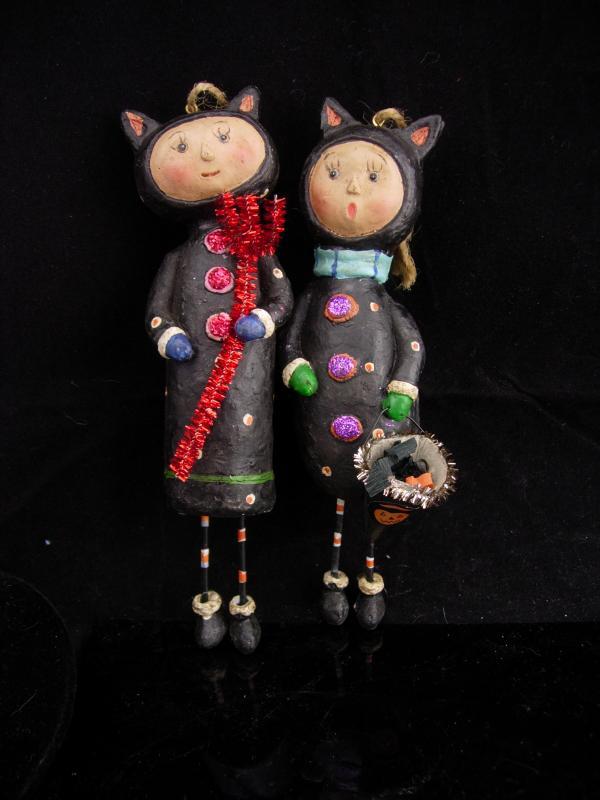 Devil and Angel Christmas Ornaments / Whimsical folk art dolls / halloween set / lump of coal / red pitchfork / Cat dolls /stocking stuffer