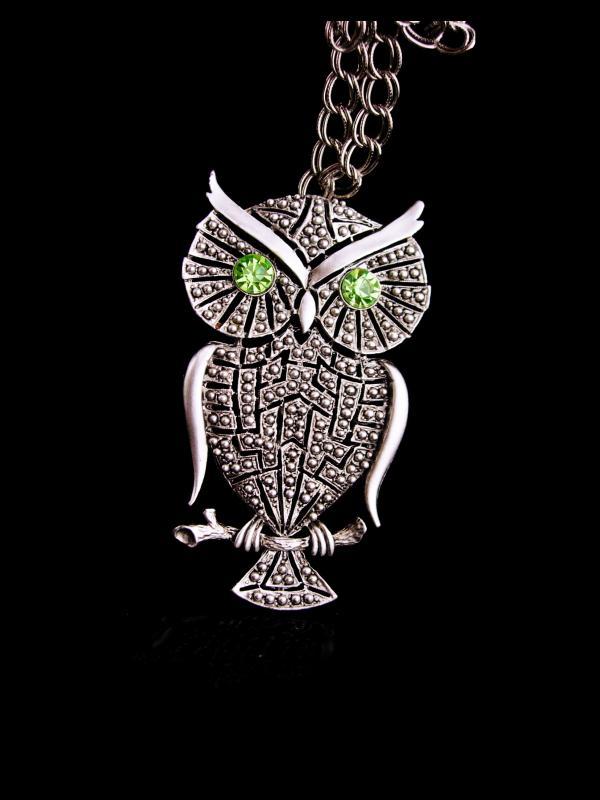 HUGE owl necklace / vintage rhinestone bird / silver bird / Figural costume jewelry / teacher gift / ophthalmology ophthalmologist gift