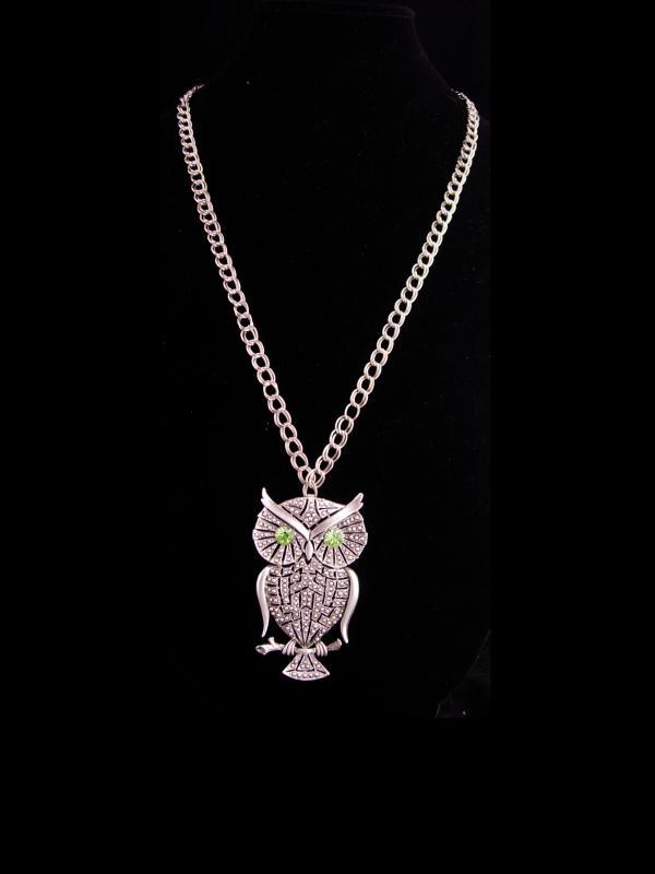 HUGE owl necklace / vintage rhinestone bird / silver bird / Figural costume jewelry / teacher gift / ophthalmology ophthalmologist gift