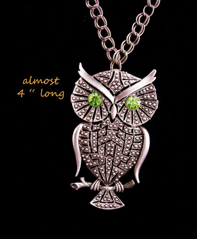 HUGE owl necklace / vintage rhinestone bird / silver bird / Figural costume jewelry / teacher gift / ophthalmology ophthalmologist gift