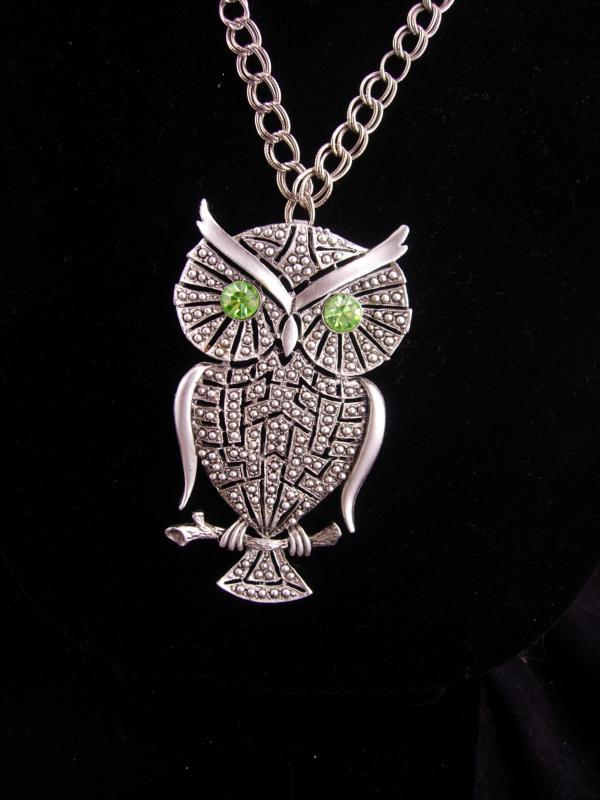 HUGE owl necklace / vintage rhinestone bird / silver bird / Figural costume jewelry / teacher gift / ophthalmology ophthalmologist gift