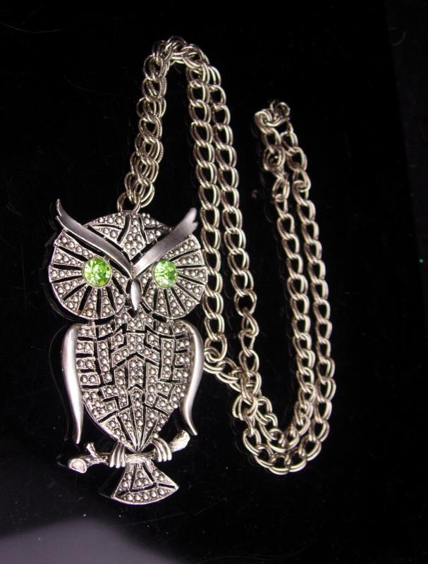 HUGE owl necklace / vintage rhinestone bird / silver bird / Figural costume jewelry / teacher gift / ophthalmology ophthalmologist gift