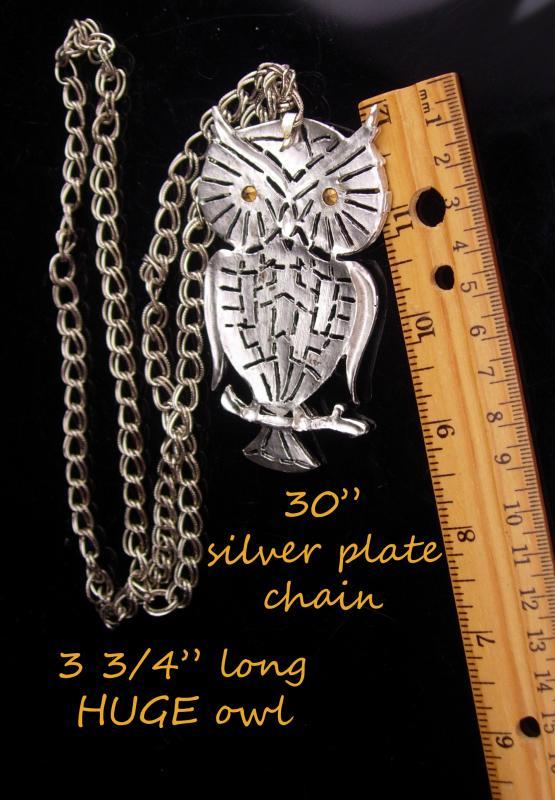 HUGE owl necklace / vintage rhinestone bird / silver bird / Figural costume jewelry / teacher gift / ophthalmology ophthalmologist gift