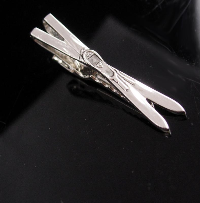 Vintage Ski tie clip / silver snow ski tie bar / water ski set / Racing snow ski / sports athletic gift / stocking stuffer / gift for him