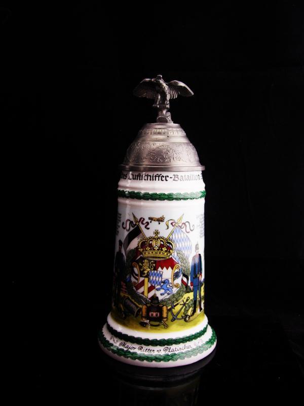 Vintage Lithopane Stein / German Regimental Eagle and lion / soldier Beer Stein / lidded stein 10 1/2