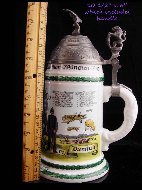 Vintage Lithopane Stein / German Regimental Eagle and lion / soldier Beer Stein / lidded stein 10 1/2