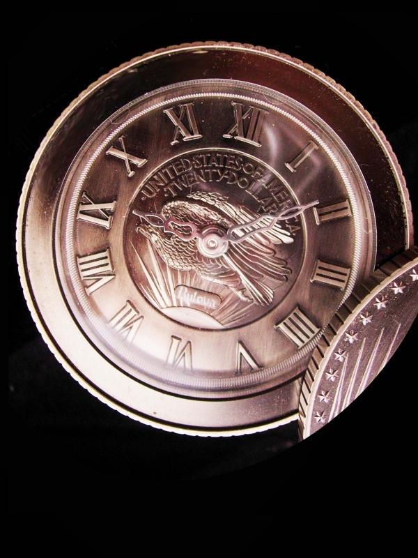 Large Novelty Liberty twenty dollar Coin clock / Bulova travel clock / mens novelty gift / Banker paperweight / stock market gift /