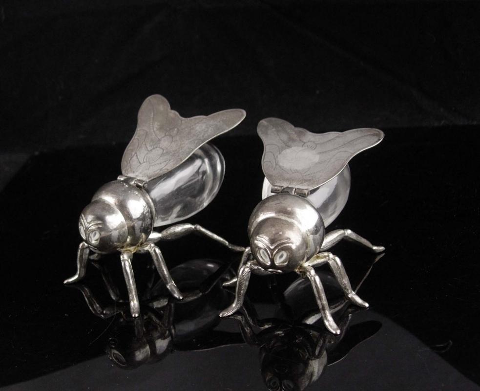 Vintage BIZARRE Salt Pepper shakers / mechanical fly / godinger bee / insect set / figural novelty silver set / Seabee navy / Gardener gift