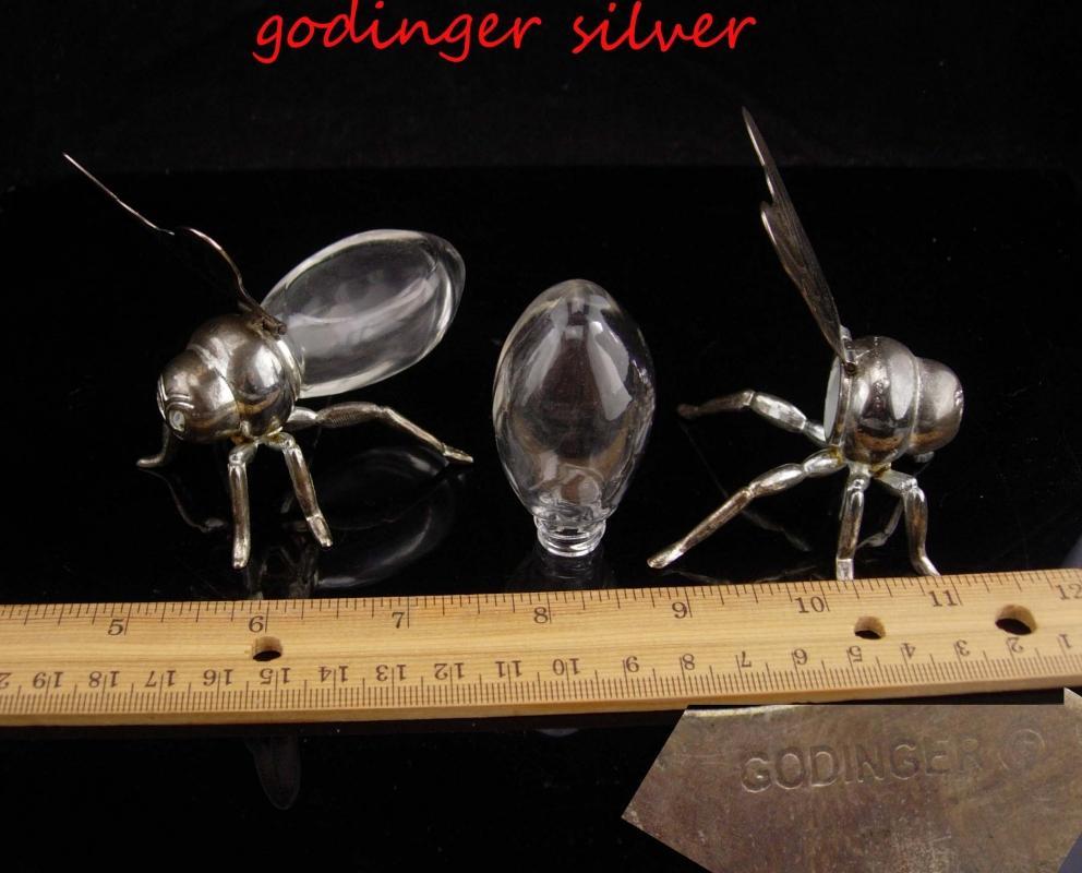 Vintage BIZARRE Salt Pepper shakers / mechanical fly / godinger bee / insect set / figural novelty silver set / Seabee navy / Gardener gift