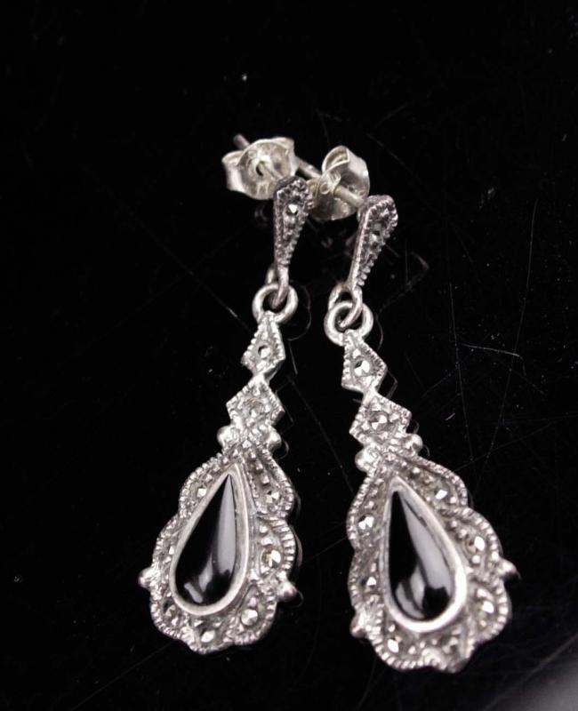 Victorian drop Earrings / Vintage Sterling Silver Dangle set / Black marcasite teardrops / enamel Pierced earrings / Anniversary gift
