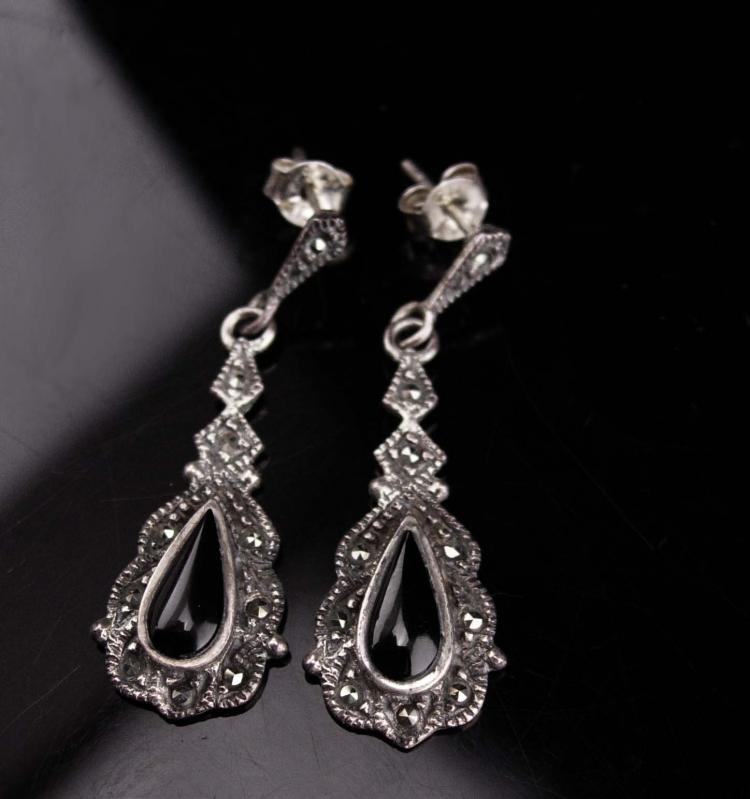 Victorian drop Earrings / Vintage Sterling Silver Dangle set / Black marcasite teardrops / enamel Pierced earrings / Anniversary gift