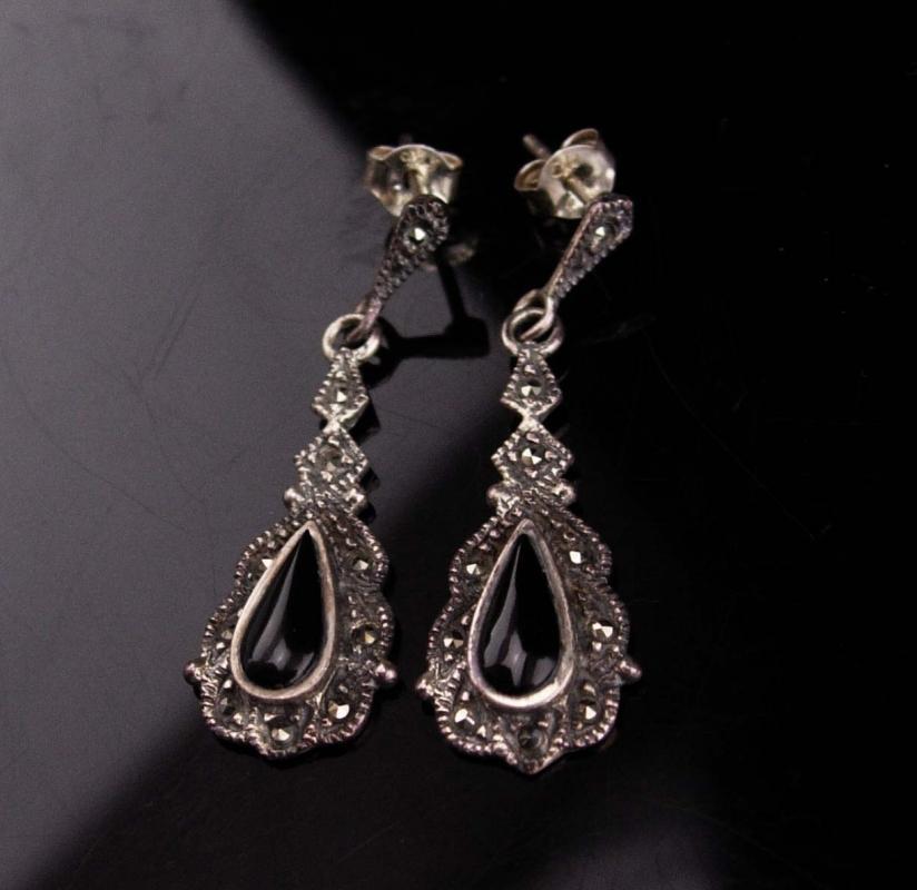 Victorian drop Earrings / Vintage Sterling Silver Dangle set / Black marcasite teardrops / enamel Pierced earrings / Anniversary gift