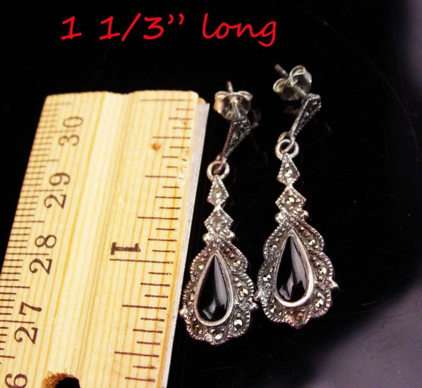 Victorian drop Earrings / Vintage Sterling Silver Dangle set / Black marcasite teardrops / enamel Pierced earrings / Anniversary gift